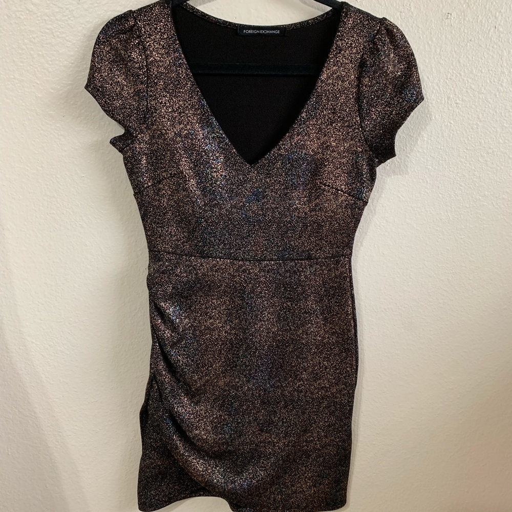 Bronze & Black Metallic V Neck Mini Dress (S)